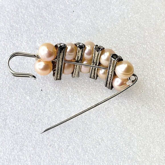 Pink Faux Pearl and Rhinestones Brooch Safety Pin - Picture 3 of 10